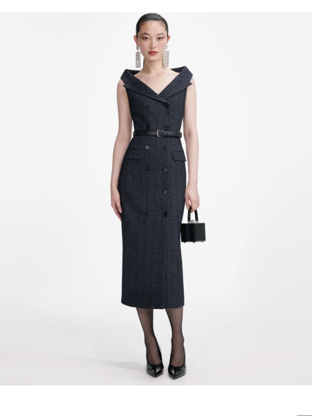 Self Portrait Sleeveless V-Neck Midi Dress in Dark Charcoal